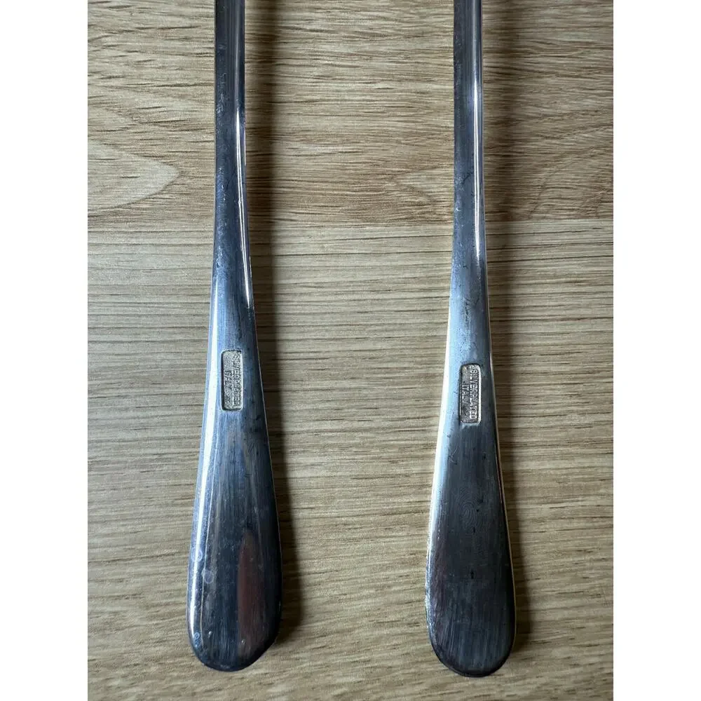 Vintage Silverplate Italy Salad Serving Set Spoon Fork Plain Minimalist Design